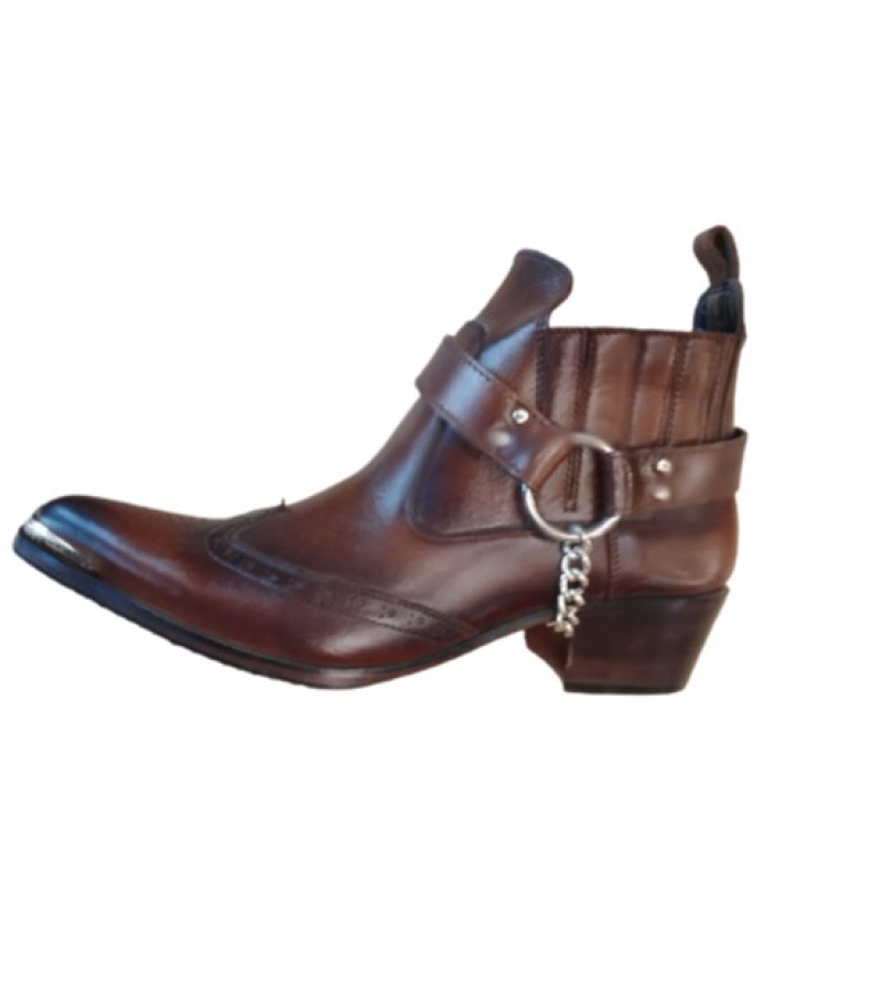 Dark Brown leather western cowboy boots with side metal chain and metal strip at front sharp curve