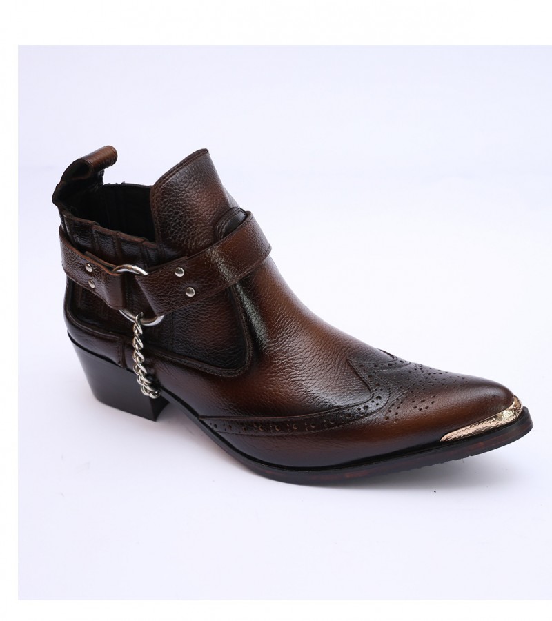 Dark Brown leather western cowboy boots with side metal chain and metal strip at front sharp curve