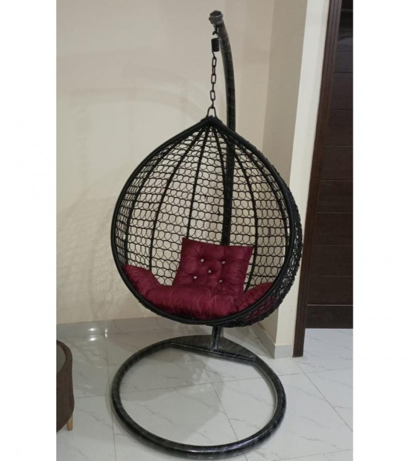 Egg Shape Hanging Black Ring Net Swing Chair - Jhoola with Stand & Cushion For Adult