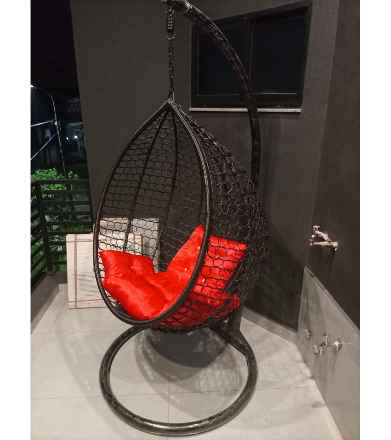 Egg Shape Hanging Black Ring Net Swing Chair - Jhoola with Stand & Cushion For Adult