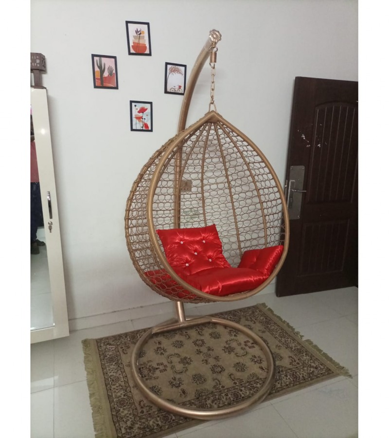 Egg Shape Hanging Golden Ring Net Swing Chair - Jhoola with Stand & Cushion For Adult