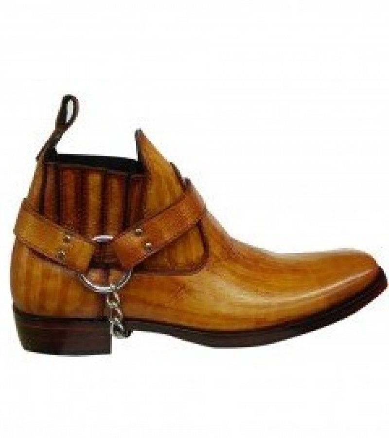 Brown Leather Western Cowboy Boots With Metal Chain For Men - 7 To 12