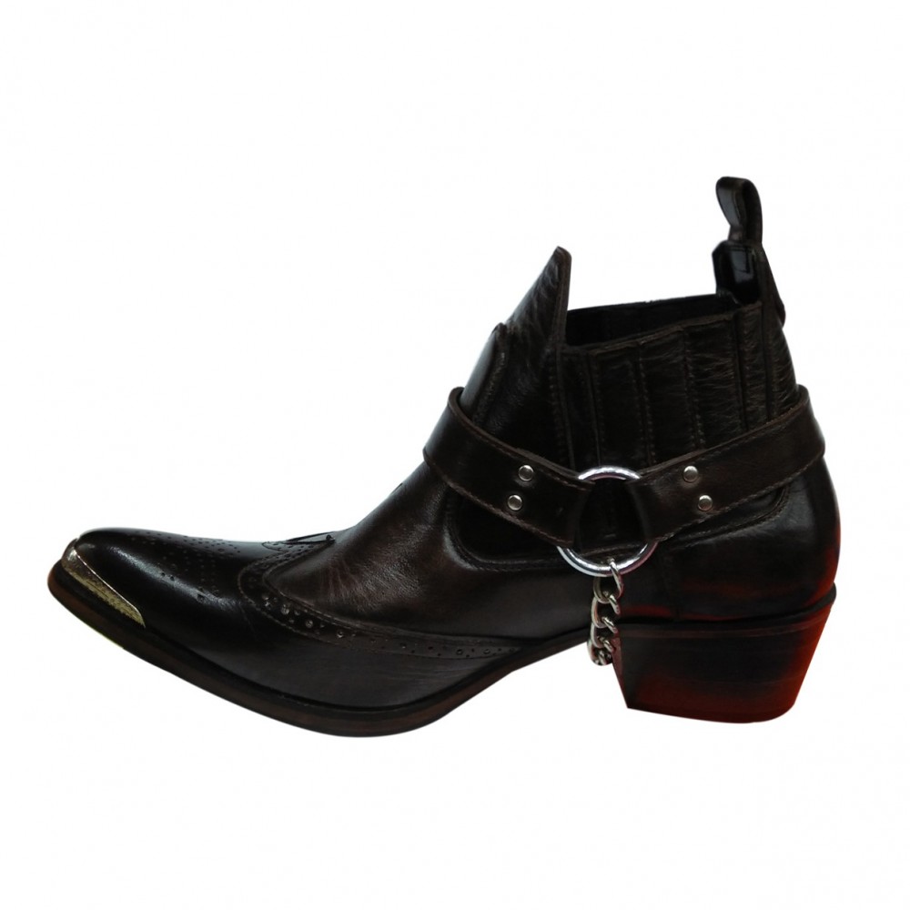 Black Leather Western Cowboy Boots With Metal Chain For Men - 7 To 12