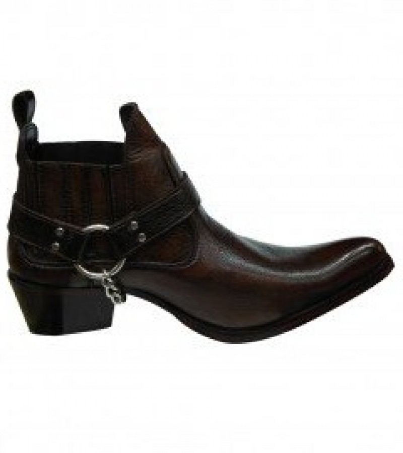 Dark Brown Leather Western Cowboy Boots With Metal Chain For Men - 7 To 12