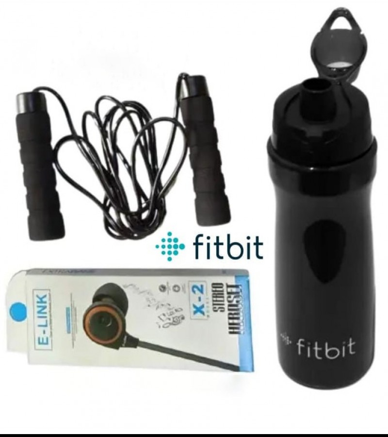 Original Brand Fitbit 3 in 1 Gift Pack Water Bottle, Jumping Rope with Handsfree