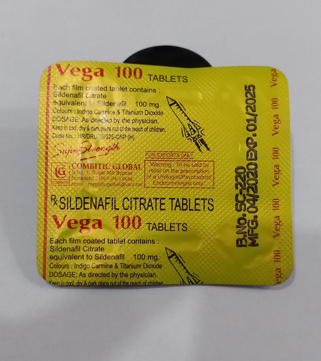 Original VEGA 100mg RX Sildenafil Citrate 4 Tablets Strip Made In India