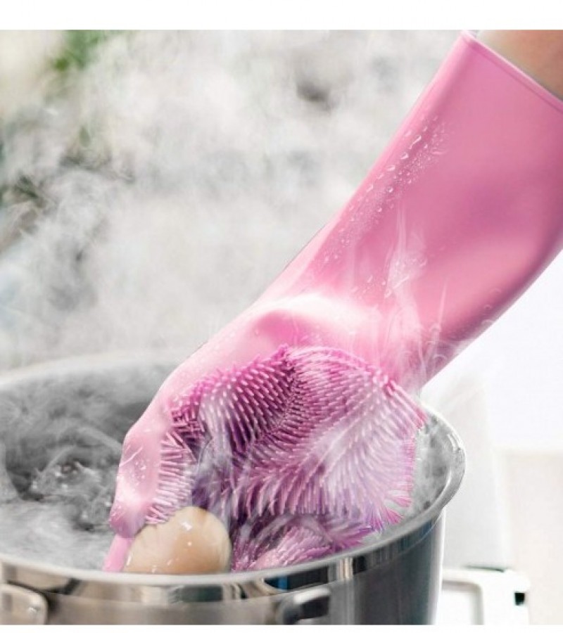 Magic Reusable Silicone Gloves with Wash Scrubber, Heat Resistant, for Cleaning, Dish Washing Gloves