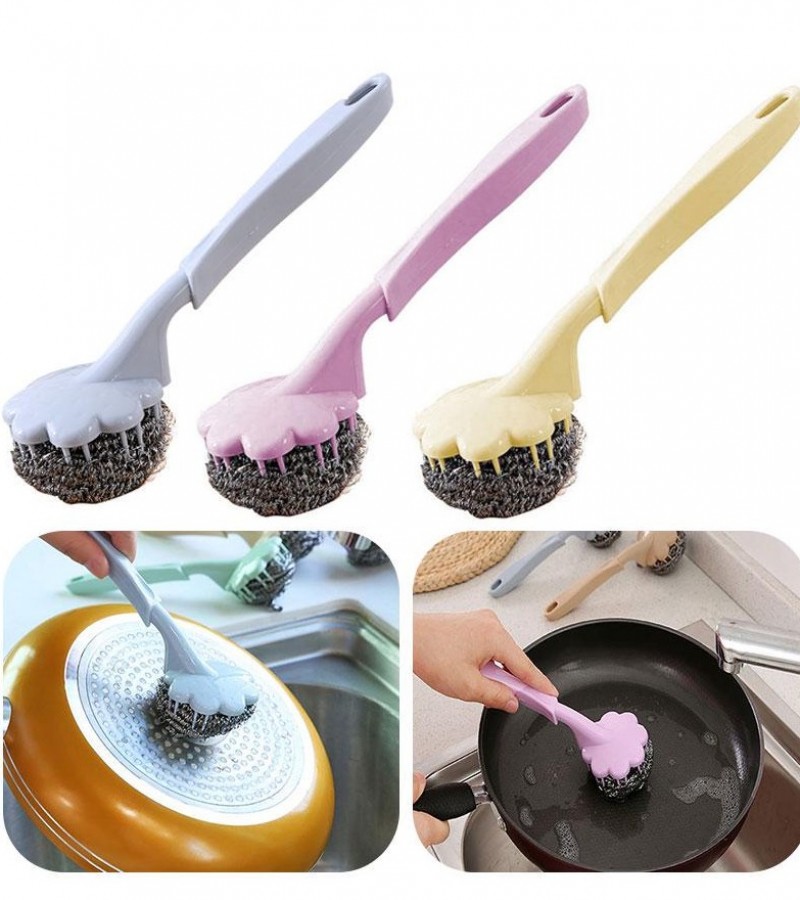 1Pcs Stainless Steel Long Handle Wire Ball Brush Kitchen Cleaning Brush Handle Washing Tool