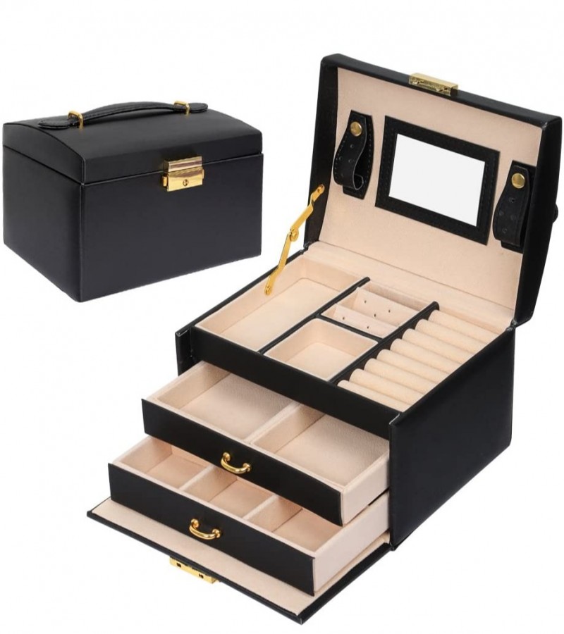 3 Layer Pu Leather Jewelry Storage Organizer With Mirror And Lock Drawer Used To Store jewellery Box