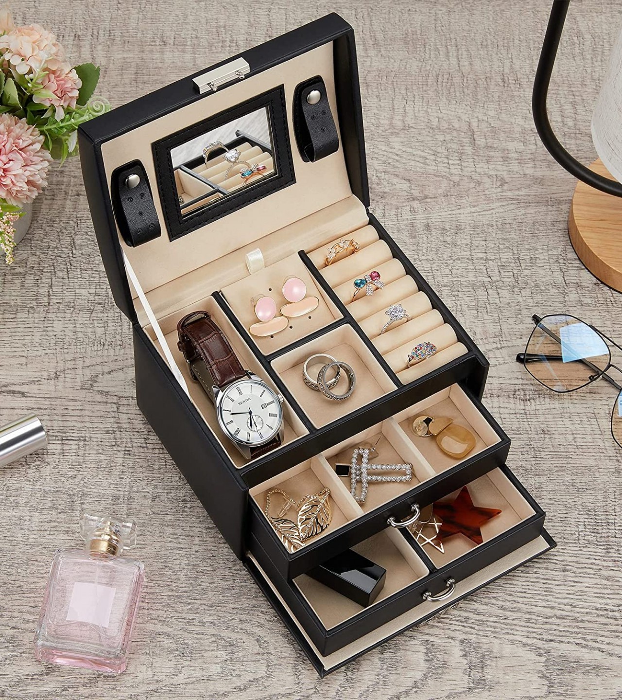 3 Layer Pu Leather Jewelry Storage Organizer With Mirror And Lock Drawer Used To Store jewellery Box